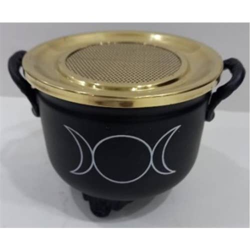 Black Cauldron Triple Moon 10x11cm with Brass Lid